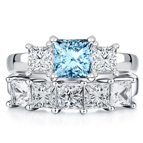 

Italo Princess Cut Aquamarine Three Stone Engagement Ring Sets, White