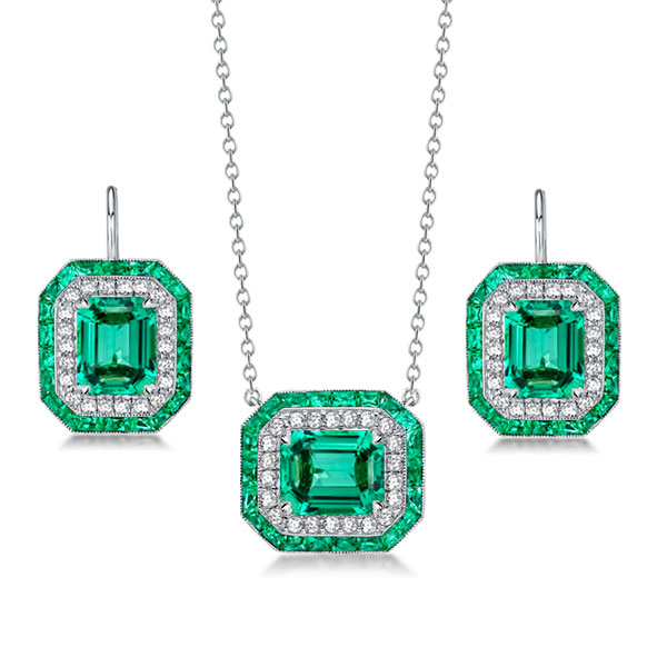 

Halo Emerald Sapphire Pendant Necklace & Drop Earrings Set, White