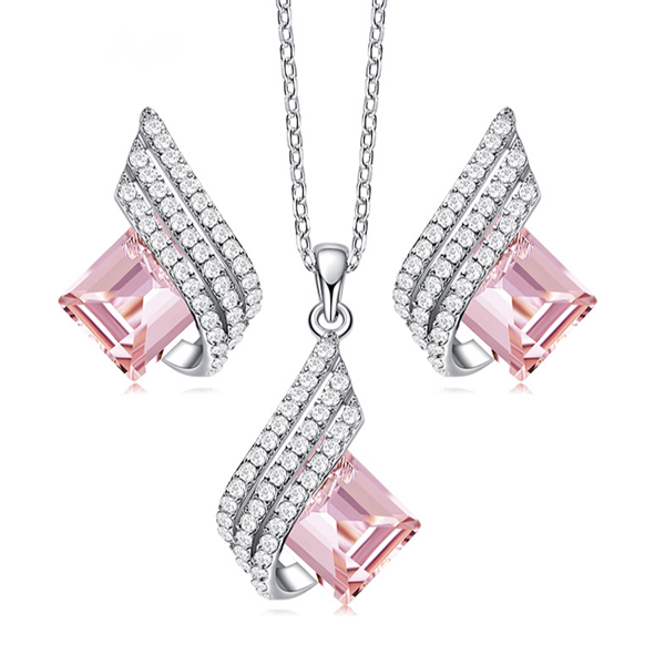 

Emerald Cut Created Pink Sapphire Necklace & Earrings Set Jewelry Set, White