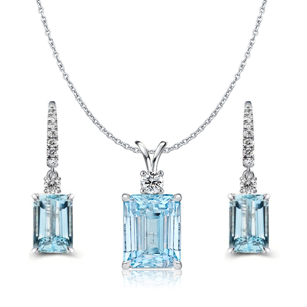 

Aquamarine Sapphire Emerald Cut Necklace & Drop Earrings Set, White