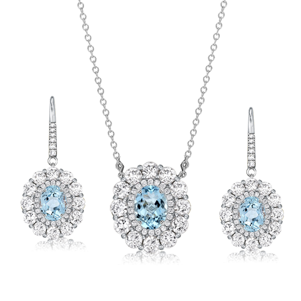 

Italo Halo Aquamarine Oval Cut Necklace & Drop Earrings Set, White