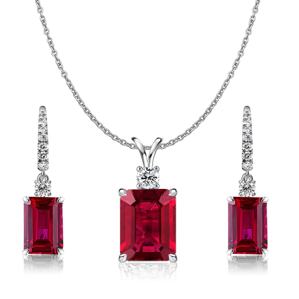 

Italo Ruby Sapphire Emerald Cut Necklace & Drop Earrings Set, White