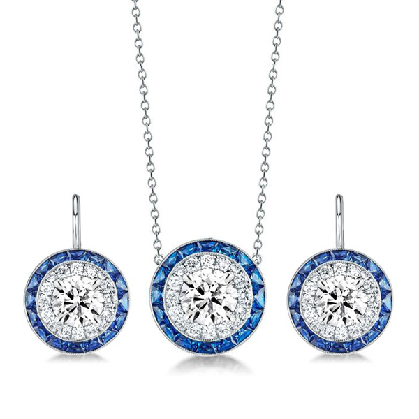 

Italo Halo White & Blue Sapphire Necklace & Drop Earrings Set
