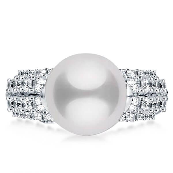 

Cutaway Design Four Row Pearl with Round Cut Engagement Ring, White