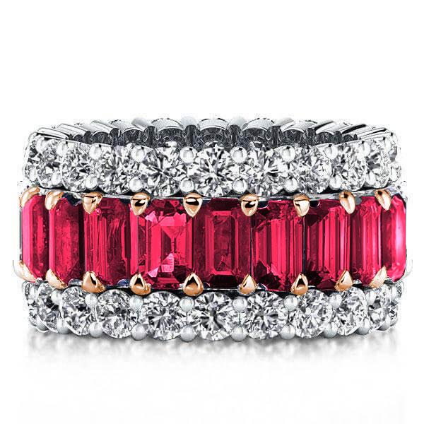 

Triple Row Baguette Two Tone Created Garnet Wedding Band, White