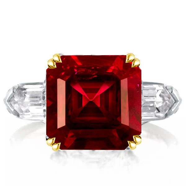 

Three Stone Created Garnet Asscher Cut Engagement Ring, White