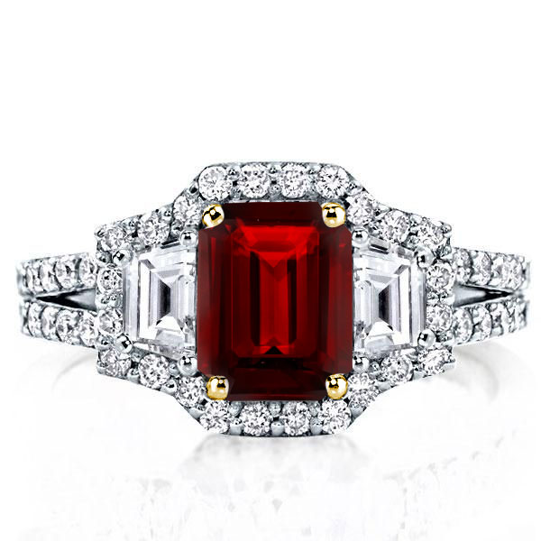 Three Stone Emerald Created Garnet Engagement Ring, White