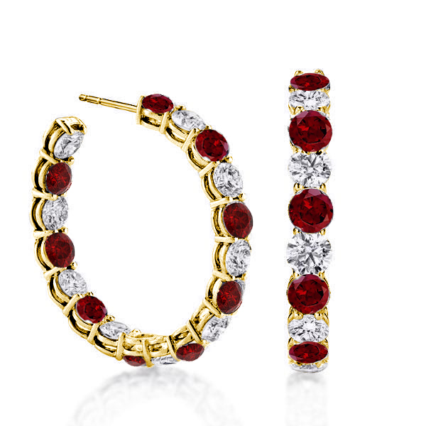 

Alternating Created Garnet & White Round Cut Hoop Earrings