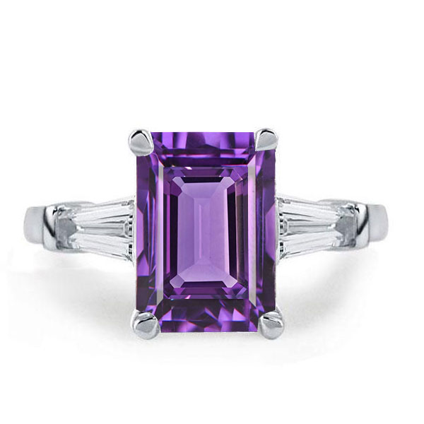 

Three Stone Emerald Created Amethyst Engagement Ring, White