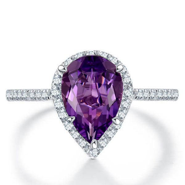 

Halo Pear Created Amethyst Engagement Ring, White