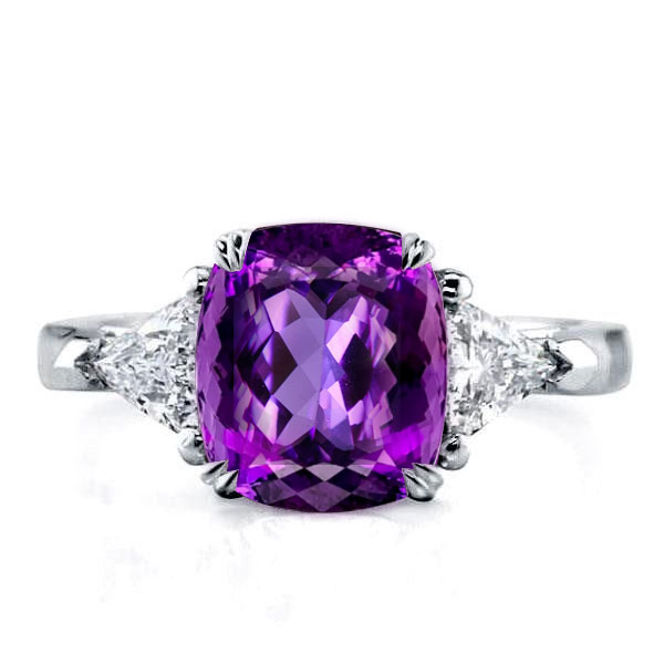 

Three Stone Cushion Created Amethyst Engagement Ring, White