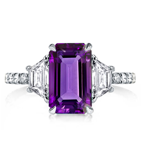 

Three Stone Emerald Cut Created Amethyst Engagement Ring, White