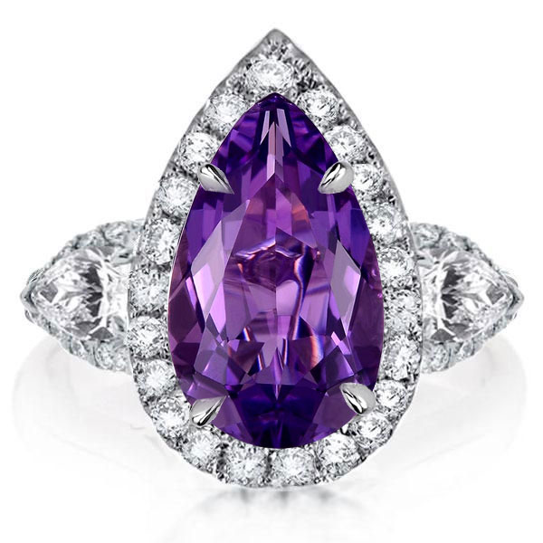 

Pear Halo Three Stone Created Amethyst Engagement Ring, White