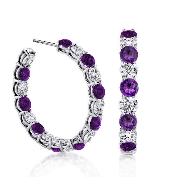 

Alternating White & Amythyst Round Cut Hoop Earrings