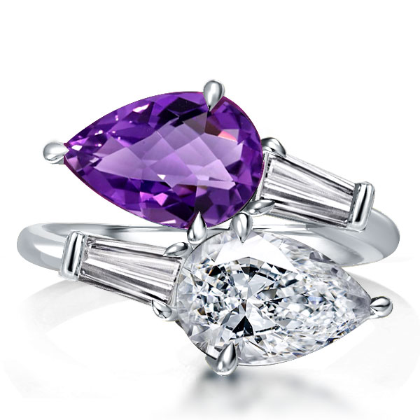 

Pear Cut Twin Stone Created Amethyst Engagement Ring, White