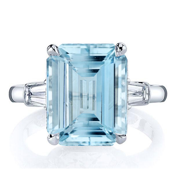 

Italo Three Stone Emerald Cut Aquamarine Engagement Ring, White