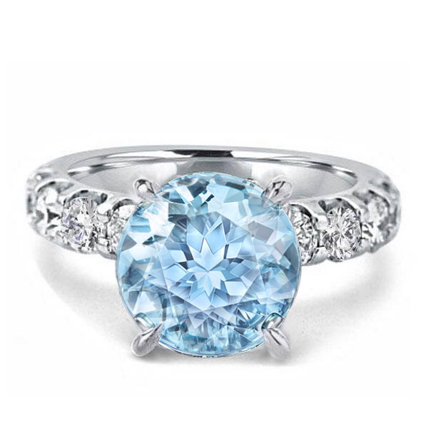 Round Cut Created Aquamarine Sterling Silver Engagement Ring, White