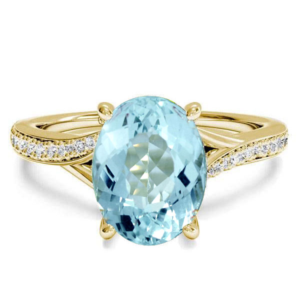 

Yellow Gold Bypass Oval Cut Created Aquamarine Engagement Ring, White