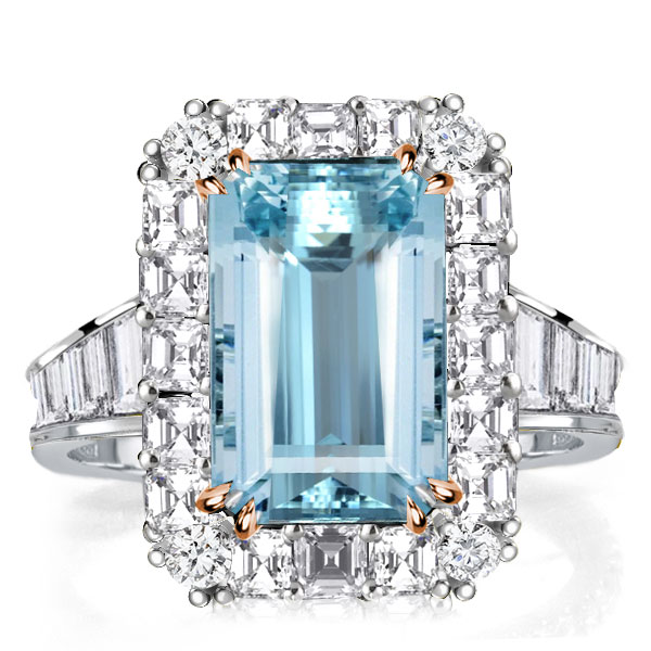 

Halo Two Tone Emerald Cut Auqmarine Engagement Ring, White