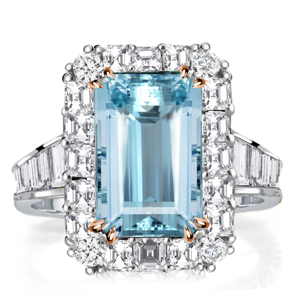 

Halo Two Tone Emerald Cut Aquamarine Engagement Ring, White