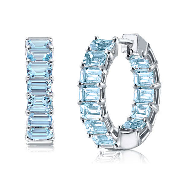 

Italo Emerald Cut Aquamarine Hoop Earrings In Sterling Silver, White