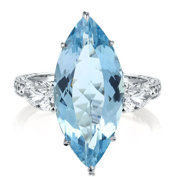 

Three Stone Marquise Cut Aquamarine Engagement Ring, White