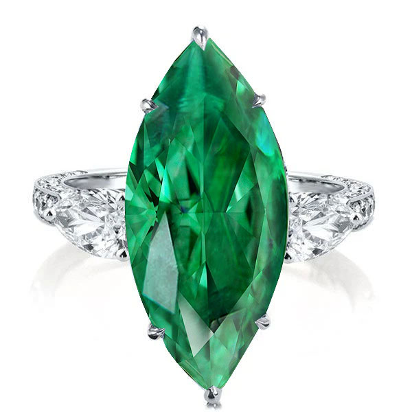 

Three Stone Marquise Cut Green Engagement Ring, White
