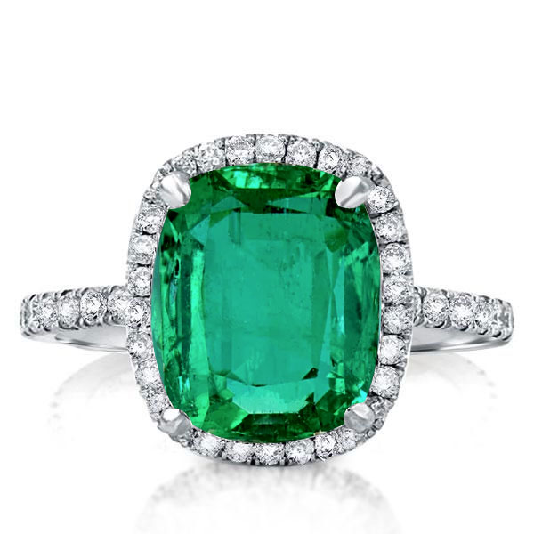 

Halo Cushion Cut Emerald Engagement Ring In Sterling Silver, White