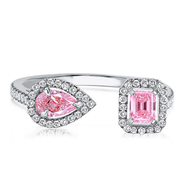 Halo Pear & Emerald Cut Pink Sapphire Engagement Ring, White