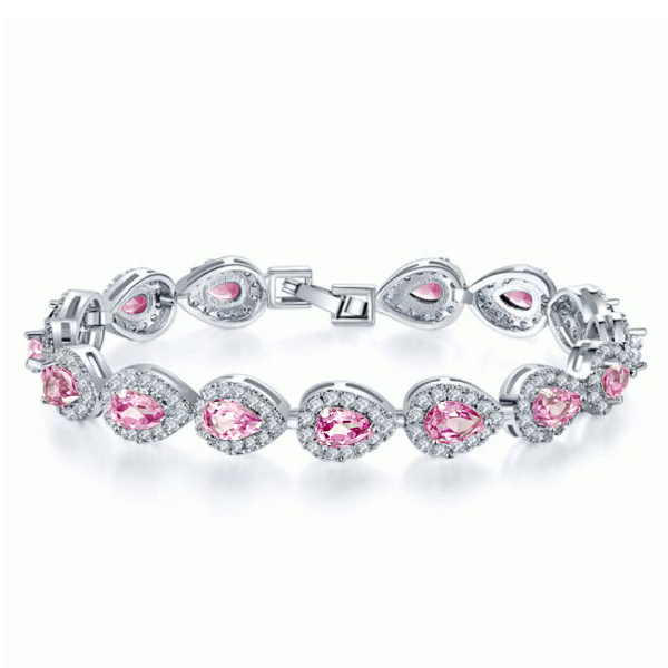 Halo Pear Cut Pink Topaz Tennis Bracelet In Sterling Silver, White