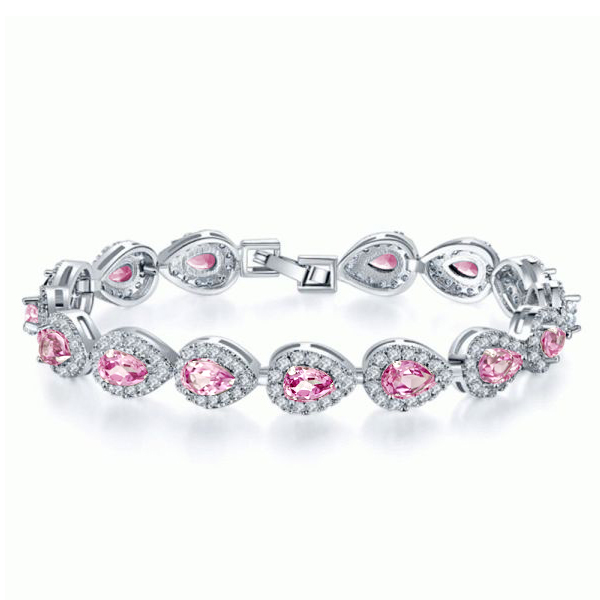 

Halo Pear Cut Pink Topaz Tennis Bracelet In Sterling Silver, White