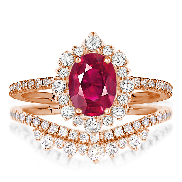 

Rose Gold Halo Oval Cut Ruby Bridal Set In Sterling Silver, White