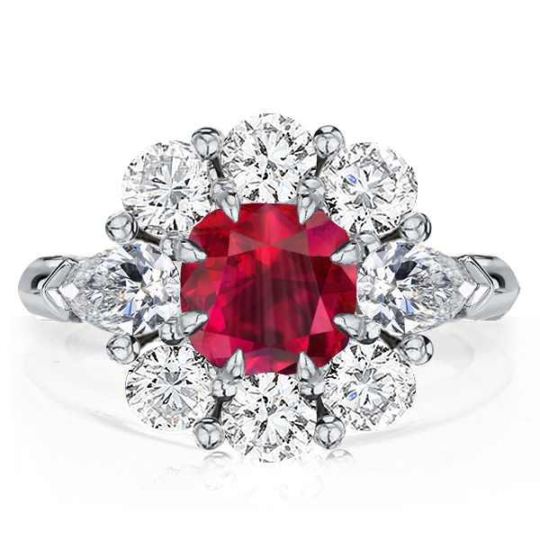 

Flower Design Cushion Cut Ruby Engagement Ring Promise Ring, White