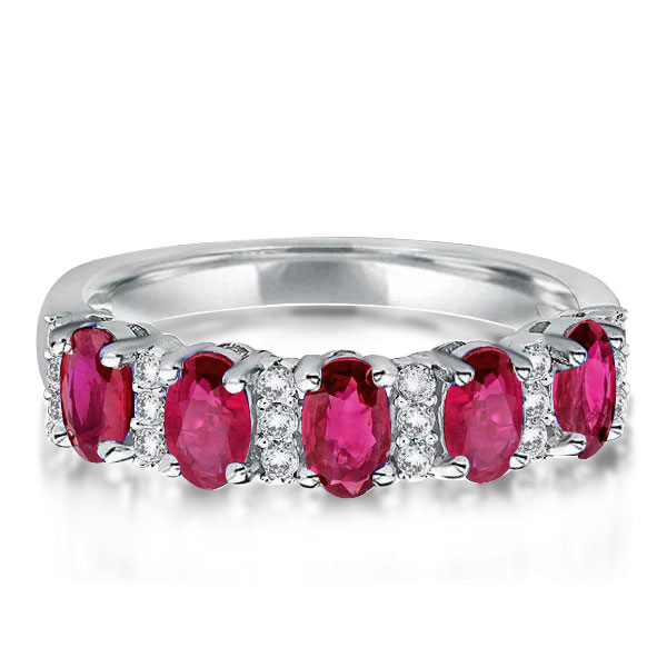 

Oval Cut Ruby Half Eternity Wedding Band Promise Ring, White