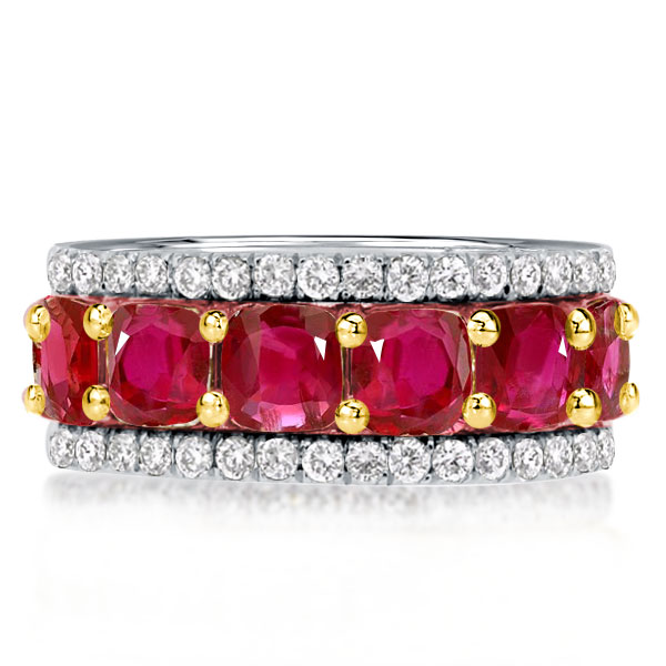 

Two Tone Triple Row Cushion Cut Ruby Eternity Wedding Band, White