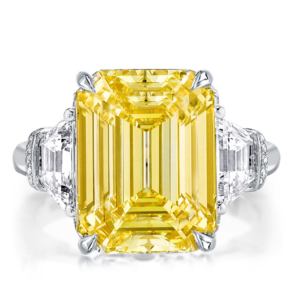 

Three Stone Emerald Cut Yellow Topaz Engagement Ring, White
