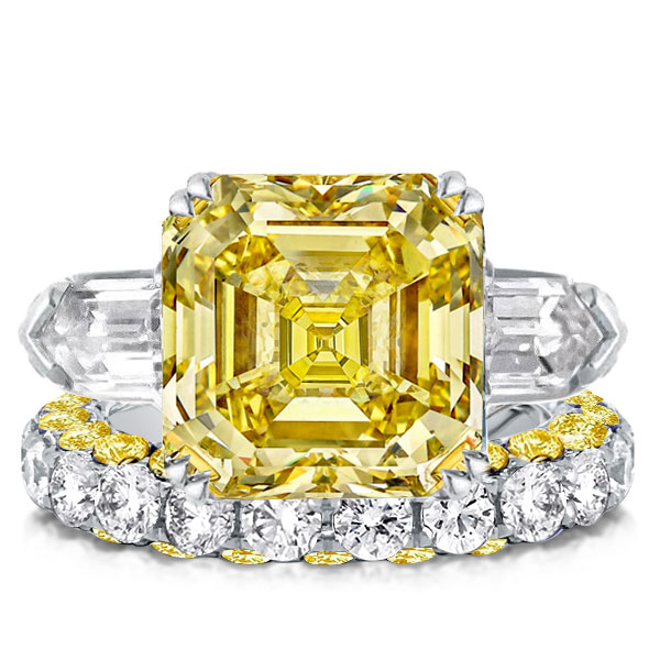 

Three Stone Asscher Cut White & Yellow Sapphire Bridal Set