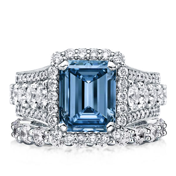 

Halo Emerald Cut Blue Topaz Triple Row Bridal Rings Sets, White