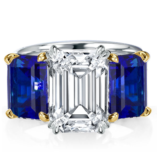 

Two Tone Three Stone Emerald Cut Blue Topaz Engagement Ring, White