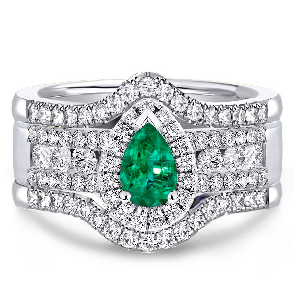 

Italo Halo Pear Cut Emerald & White Sapphire 3PC Wedding Set