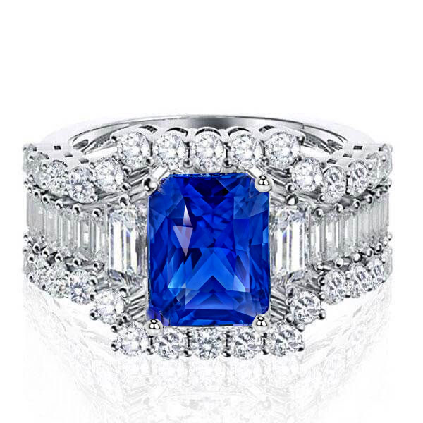 

Italo Three Stone Radiant Cut Blue Sapphire 3PC Wedding Set, White