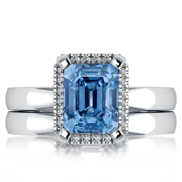 

Italo Solitaire Halo Emerald Cut Blue Sapphire Bridal Set, White