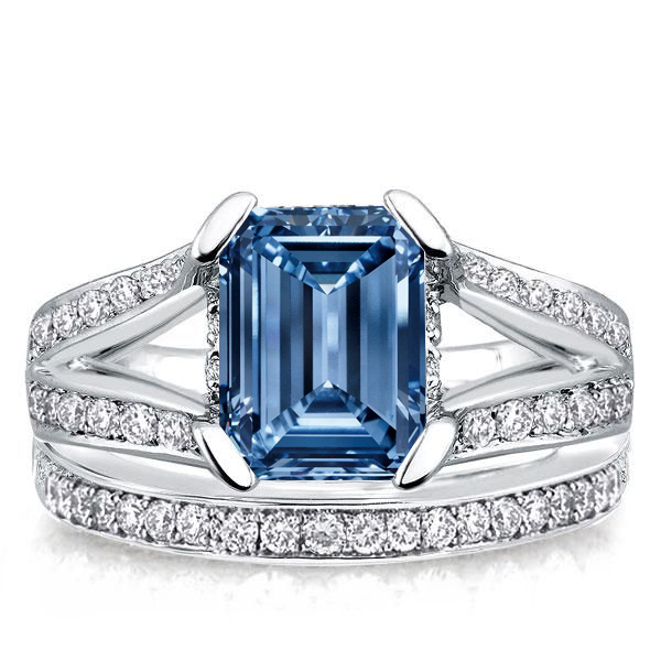 

Italo Classic Split Shank Emerald Cut Blue Topaz Bridal Set, White