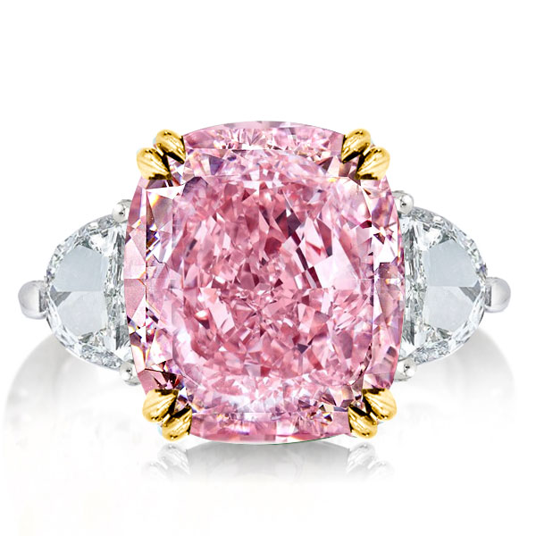 

Three Stone Two Tone Cushion Cut Pink Topaz Engagement Ring, White