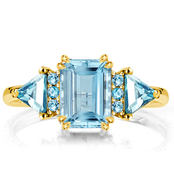 

Three Stone Emerald Cut Aquamarine Engagement Ring, White