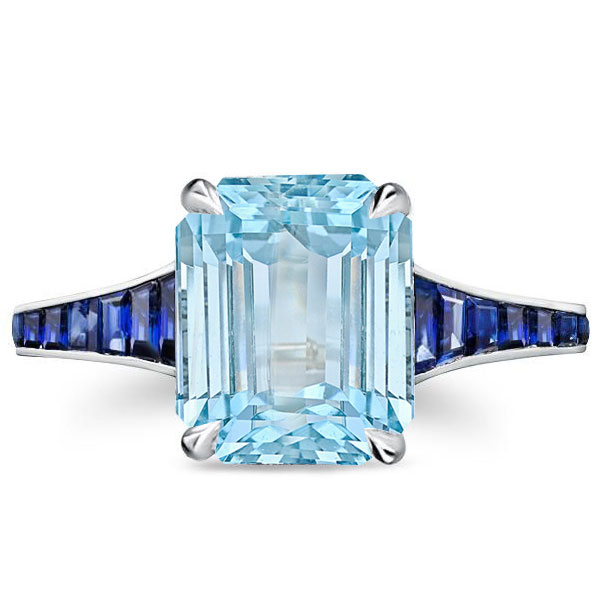 

Emerald Cut Aquamarine Unique Engagement Ring, White