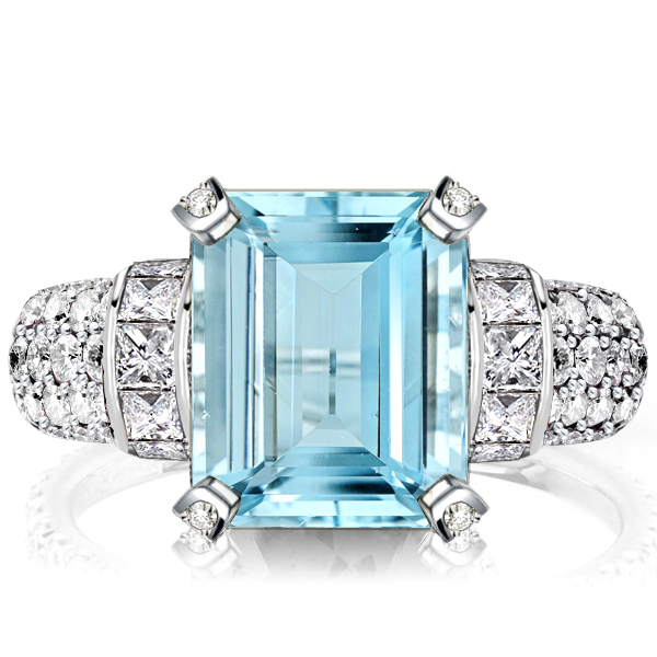 

Art Deco Emerald Cut Aquamarine Engagement Ring, White