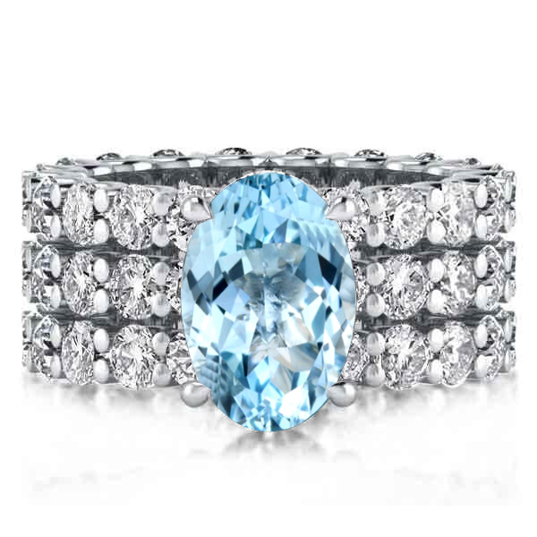 

Aquamarine Oval Cut Eternity Shank Engagement Ring Set, White