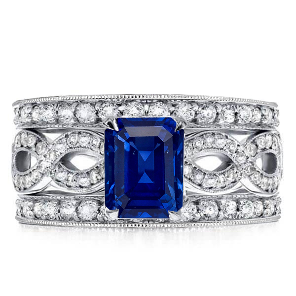 

Vintage Milgrain Emerald Cut Blue Sapphire Engagement Ring Set, White