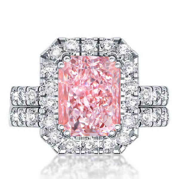

Radiant Cut Pink Sapphire Halo Engagement Ring Set, White